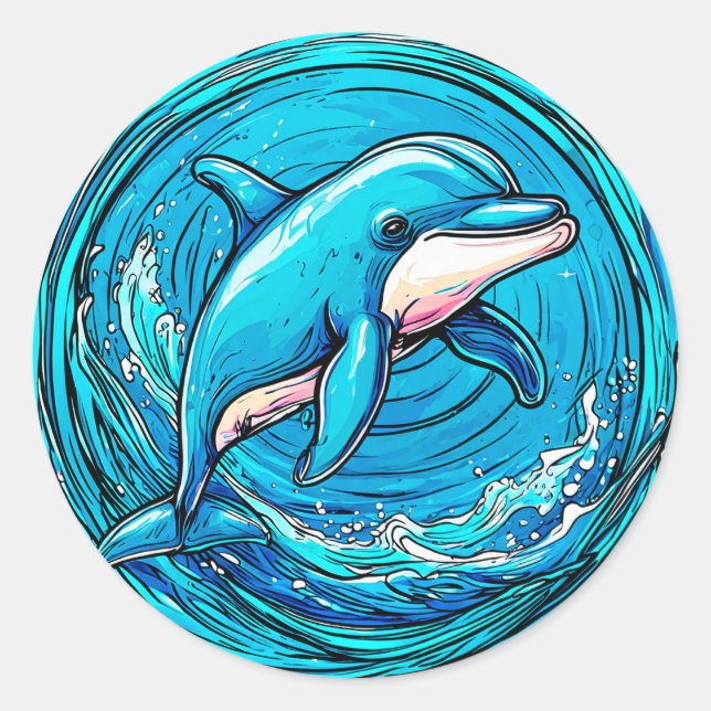 Stylised dolphin swimming classic round sticker (Front)