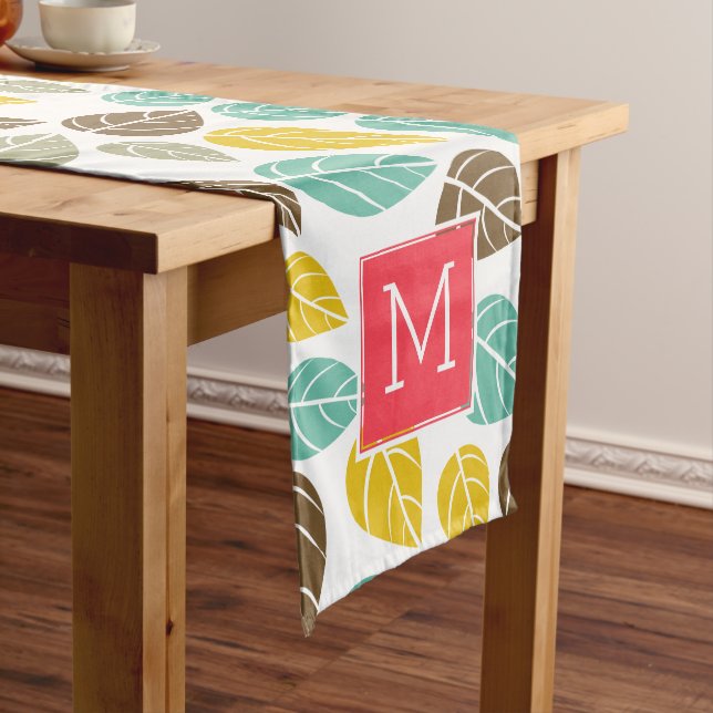 Stylised Fall Colours Leafs Pattern Custom Monogra Medium Table Runner (In Situ)