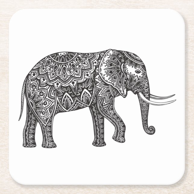 Stylised Fantasy Elephant Doodle Square Paper Coaster (Front)