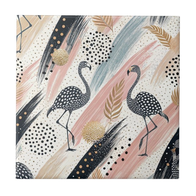 Stylised Flamingo & Brushstroke Pattern Ceramic Tile (Front)