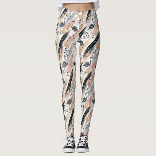 Stylised Flamingo & Brushstroke Pattern Leggings (Front)