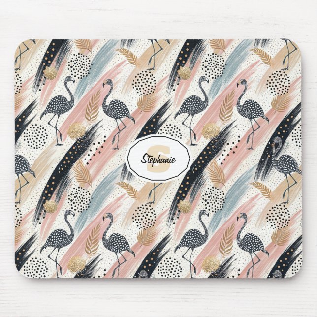 Stylised Flamingo & Brushstroke Pattern Mouse Pad (Front)
