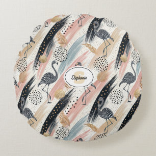 Stylised Flamingo & Brushstroke Pattern Round Cushion