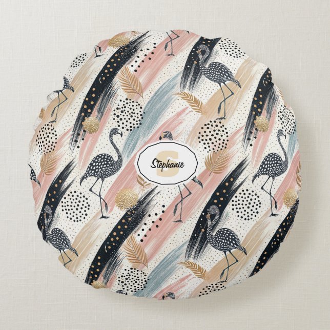 Stylised Flamingo & Brushstroke Pattern Round Cushion (Front)