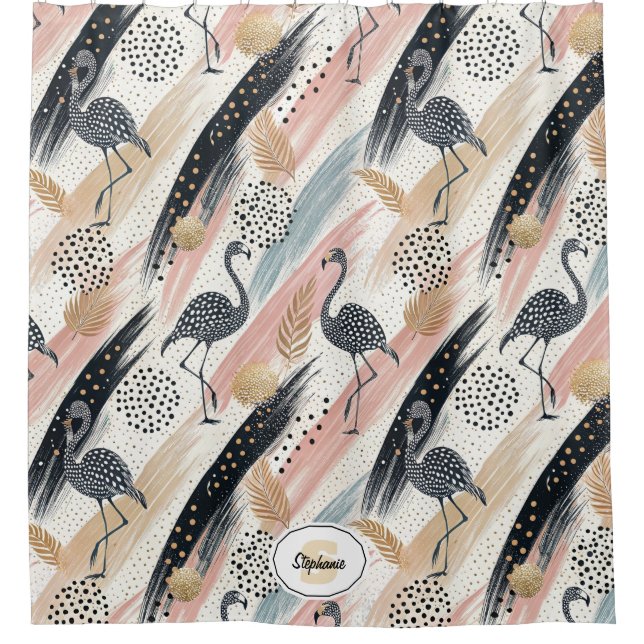 Stylised Flamingo & Brushstroke Pattern Shower Curtain (Front)