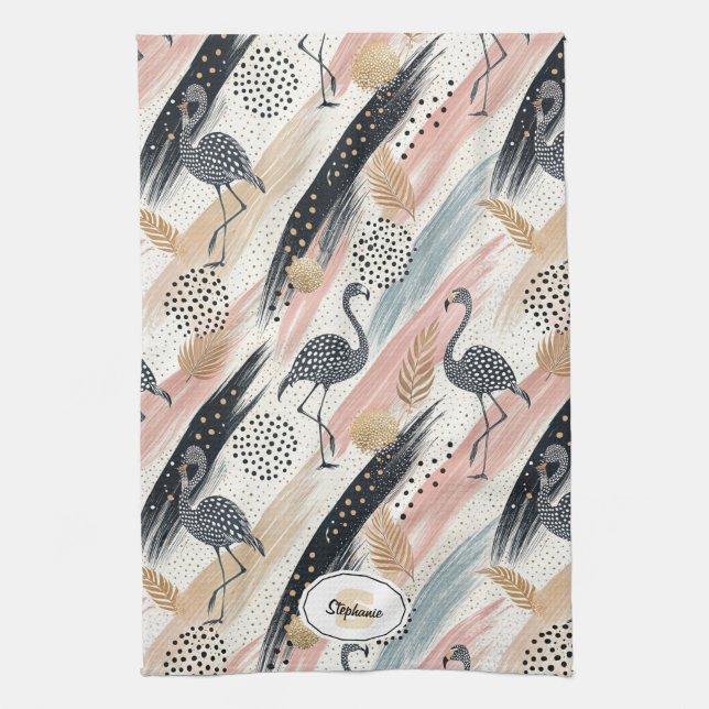 Stylised Flamingo & Brushstroke Pattern Tea Towel (Vertical)
