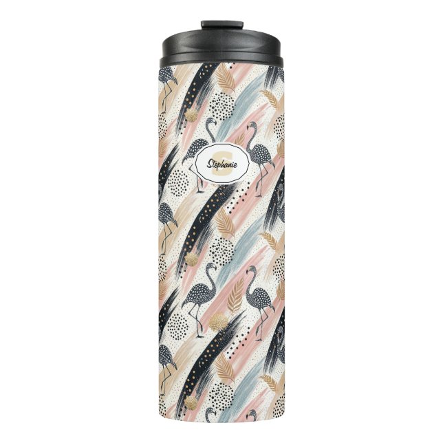 Stylised Flamingo & Brushstroke Pattern Thermal Tumbler (Front)