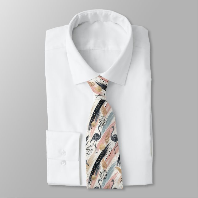 Stylised Flamingo & Brushstroke Pattern Tie (Tied)