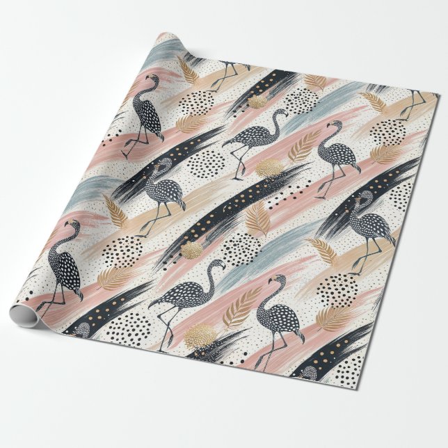 Stylised Flamingo & Brushstroke Pattern Wrapping Paper (Unrolled)