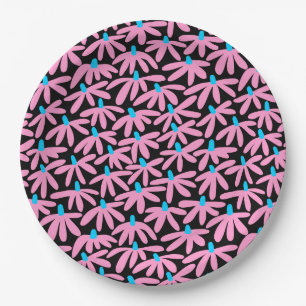 Stylised Flowers - Pink, Sky Blue and Black Paper Plate
