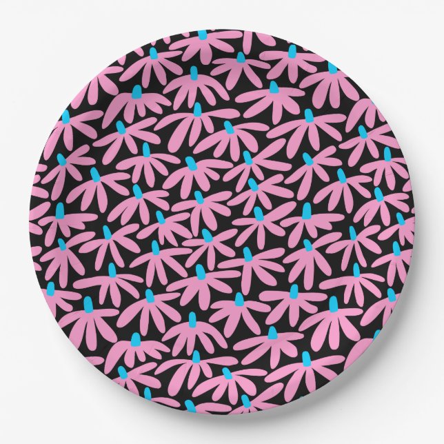 Stylised Flowers - Pink, Sky Blue and Black Paper Plate (Front)