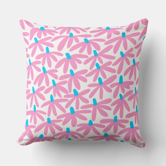 Stylised Flowers - Pink, Sky Blue and White Cushion (Front)