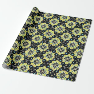 Stylised Flowers Yellow & Black Geometric Pattern Wrapping Paper