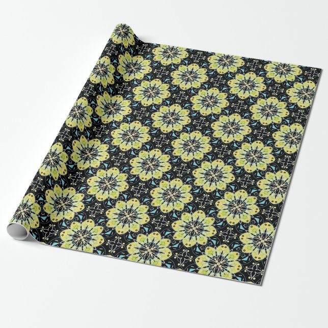 Stylised Flowers Yellow & Black Geometric Pattern Wrapping Paper (Unrolled)