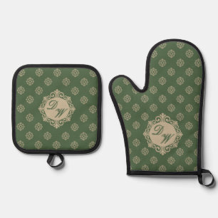 Stylised Foulard Design in Sage Green Oven Mitt & Pot Holder Set