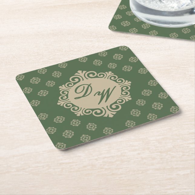 Stylised Foulard Design in Sage Green Square Paper Coaster (Angled)