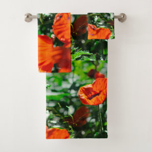 Stylised Garden Red Orange Poppy Flowers Bath Towel Set