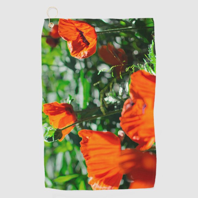 Stylised Garden Red Orange Poppy Flowers Golf Towel (Front)