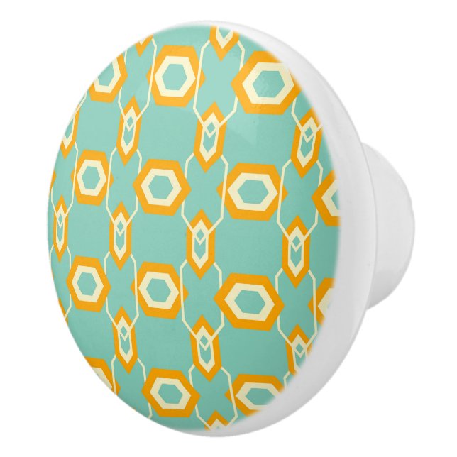Stylised geometric pattern in bold orange hexagon ceramic knob (Right)