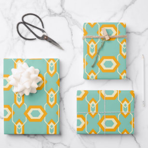 Stylised geometric pattern in bold orange hexagon wrapping paper sheet
