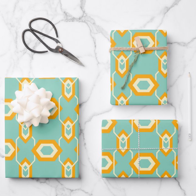 Stylised geometric pattern in bold orange hexagon wrapping paper sheet (Front)