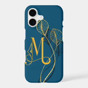 Stylised Gold & Black Floral Monogram M on Blue