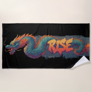Stylised Graffiti Dragon Mural with Bold 'RISE' Beach Towel