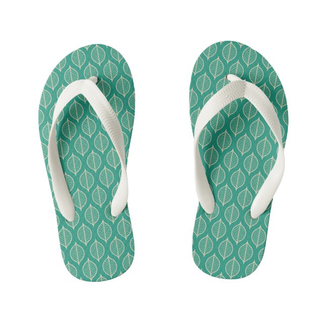 Stylised Green Leaf Pattern Kid's Thongs (Footbed)