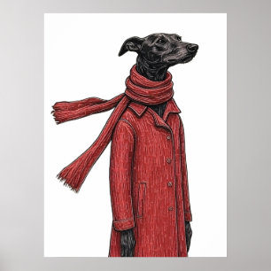 Stylised Greyhound Drawing with Red Vintage Coat Poster