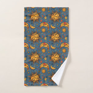 Stylised Hand Drawn Boho Sun Moon Stars Blue Towel
