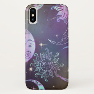 Stylised hand drawn sun moon faces stars purple  iPhone x case