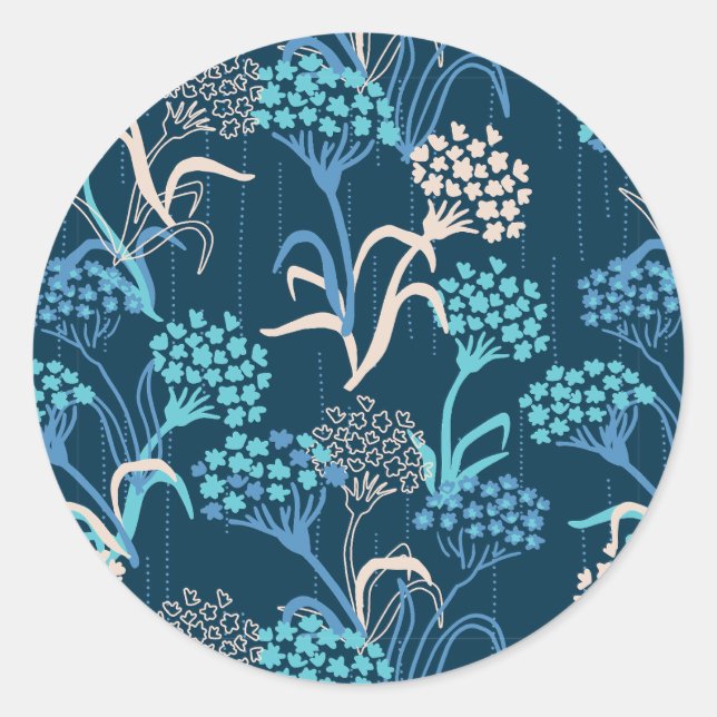 Stylised Hydrangea Floral Pattern - Elegant Blue Classic Round Sticker (Front)