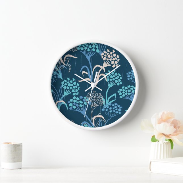 Stylised Hydrangea Floral Pattern - Elegant Blue Clock (Home)