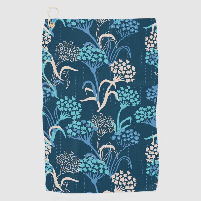 Stylised Hydrangea Floral Pattern - Elegant Blue Golf Towel (Front)
