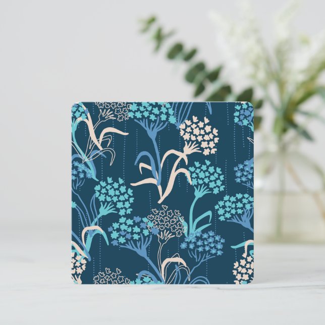 Stylised Hydrangea Floral Pattern - Elegant Blue Holiday Card (Standing Front)