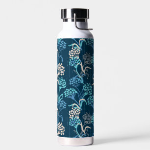 Stylised Hydrangea Floral Pattern - Elegant Blue Water Bottle