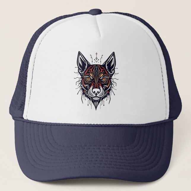 Stylised illustration of a wolf's head trucker hat (Front)