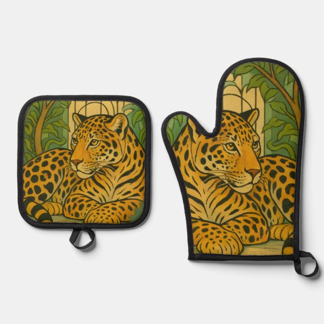 Stylised Jungle Elegance Oven Mitt & Pot Holder Set (Front)