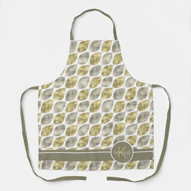Stylised Leaf Pattern Monogram Large Gold ID707 Apron (Front)