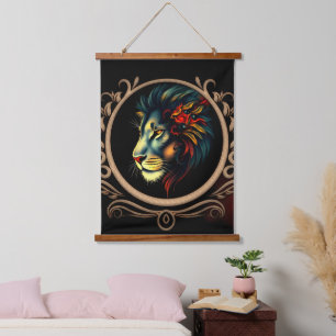 Stylised Lion Head Portrait in Mandala Frame Hanging Tapestry
