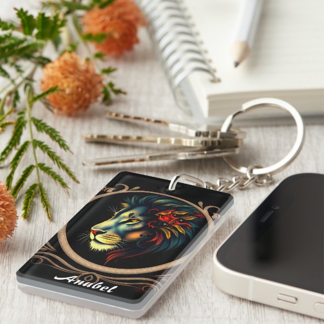 Stylised Lion Head Portrait in Mandala Frame Key Ring (Front Right)