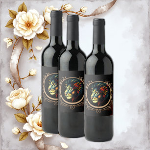 Stylised Lion Head Portrait in Mandala Frame Wine Label