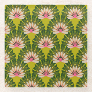 Stylised lotus wallpaper: pink, green. glass coaster