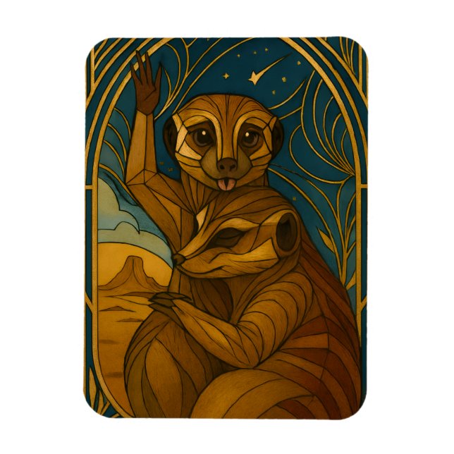 Stylised Meerkat Pair Under Starry Sky Magnet (Vertical)