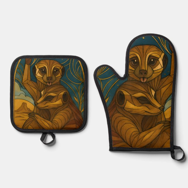 Stylised Meerkat Pair Under Starry Sky Oven Mitt & Pot Holder Set (Front)