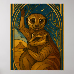 Stylised Meerkat Pair Under Starry Sky Poster