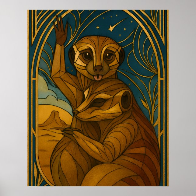 Stylised Meerkat Pair Under Starry Sky Poster (Front)