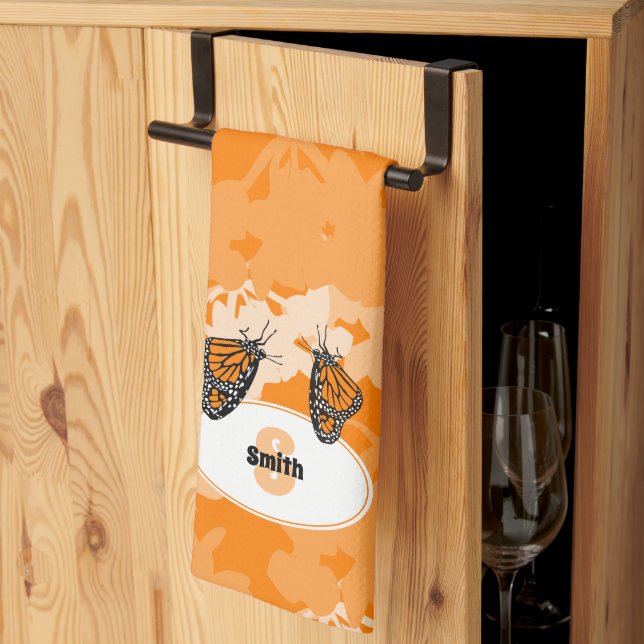 Stylised Monarch Butterfly Pair Name Orange Tea Towel (Thirds Fold)