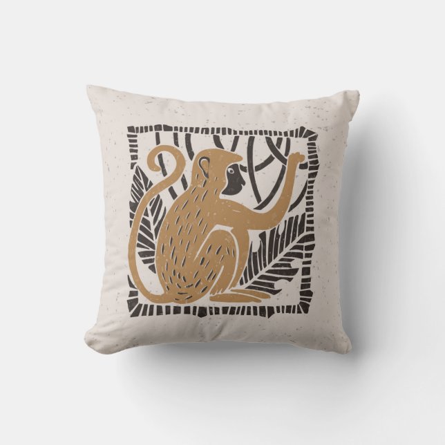 Stylised Monkey Linocut Illustration Cushion (Front)