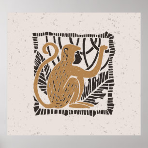 Stylised Monkey Linocut Illustration Poster